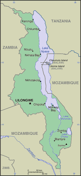 Malawian Map. Regions of